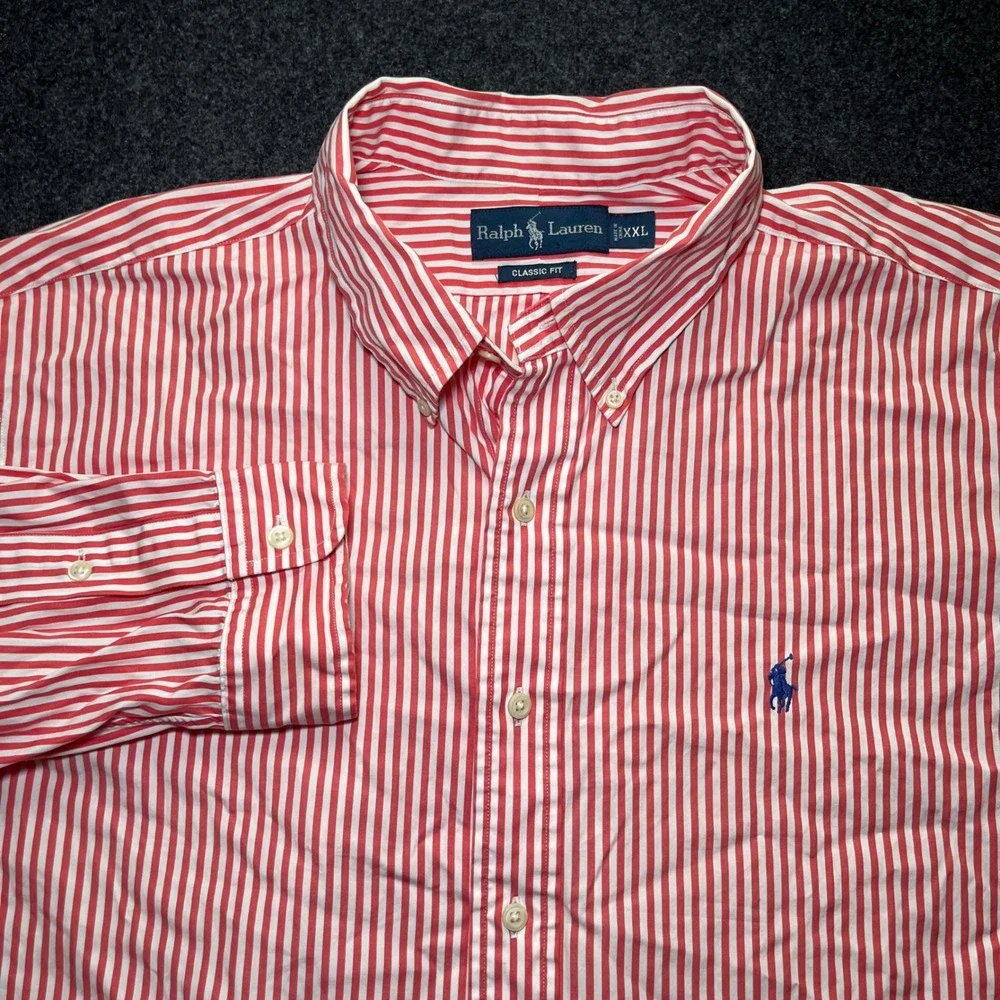 Ralph Lauren Button Down Mens XXL Red White Classic Fit Striped Pony